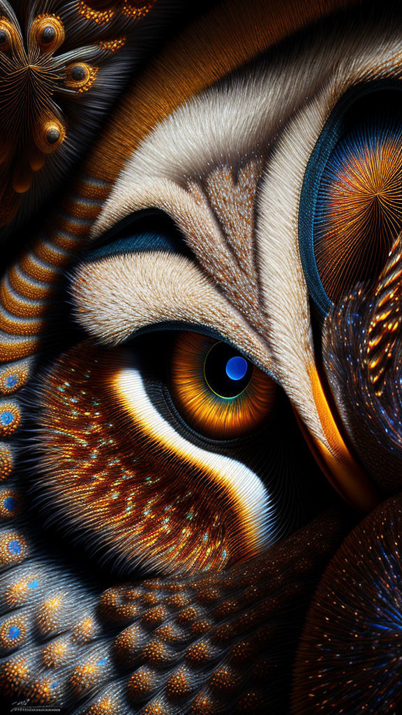 Detailed Fractal Artwork with Warm Colors and Animal Eye Motif