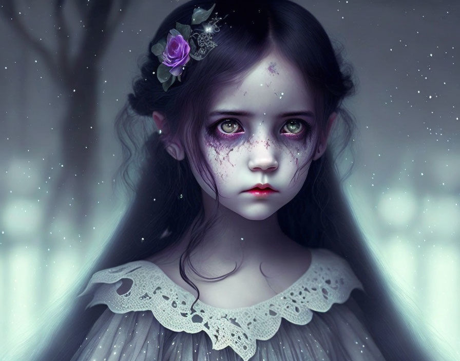 Young girl digital artwork: dark hair, purple hues, somber eyes, vintage lace dress, flower