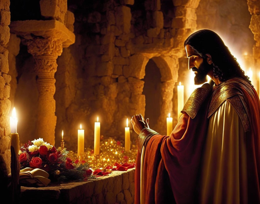 Robed Figure Kneeling in Prayer Beside Candlelit Floral Arrangements