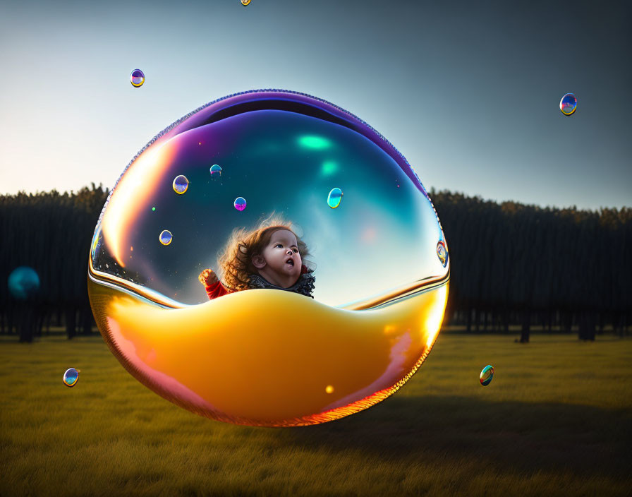 Child mesmerized by giant iridescent soap bubble in forest twilight