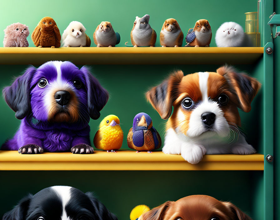 Colorful Collection of Adorable Puppy and Bird Characters on Shelves