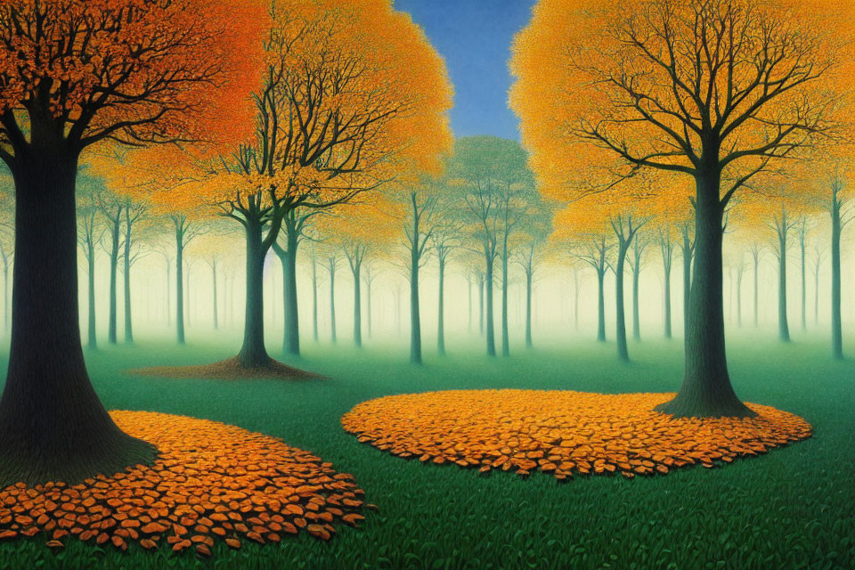 Vibrant orange-leaved trees in serene autumn setting