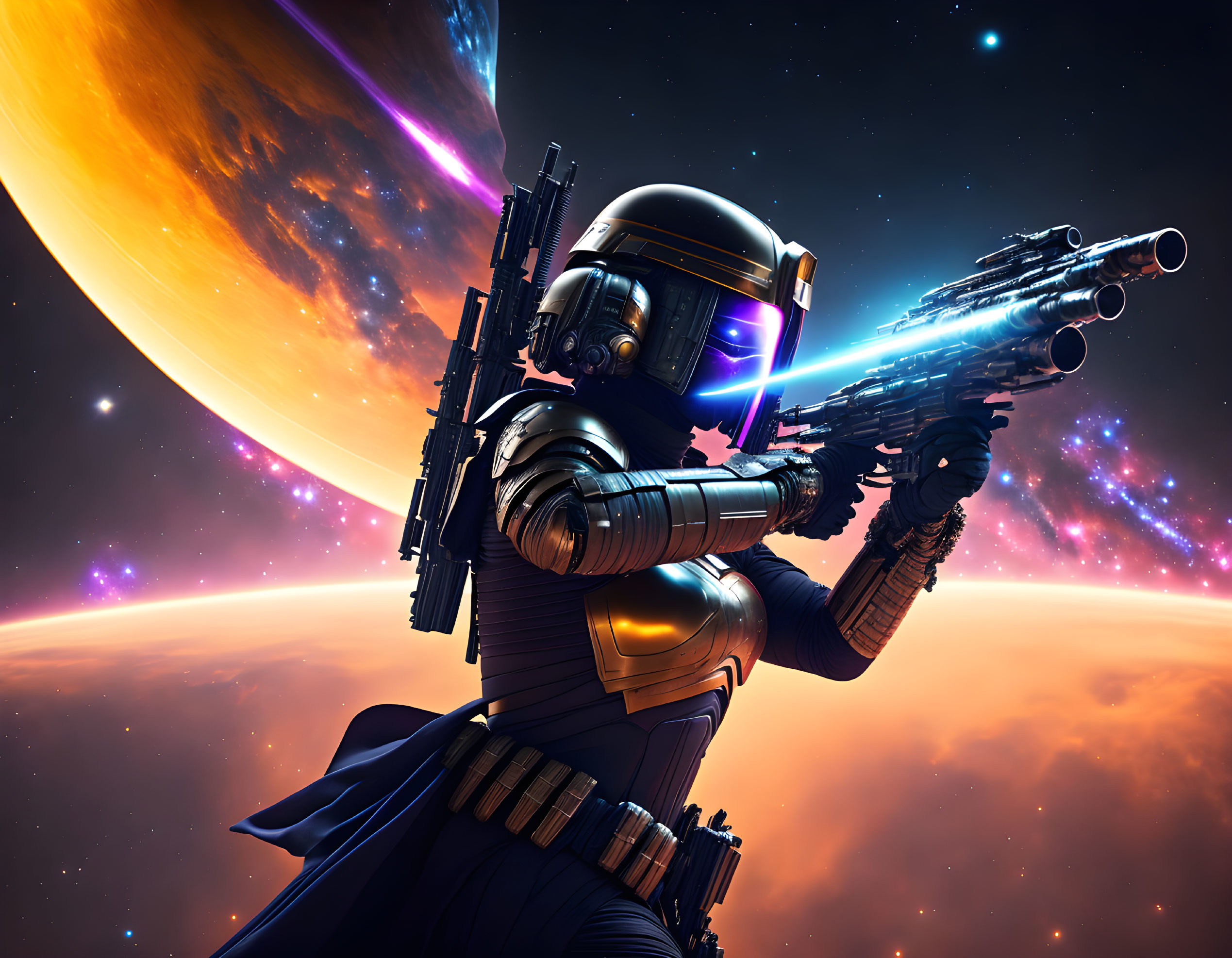 Futuristic armored soldier with glowing visor and high-tech weapon in cosmic setting