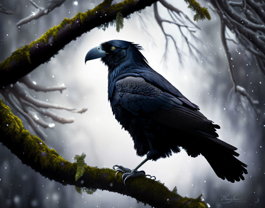 Raven on moss-covered branch in snow-dusted forest