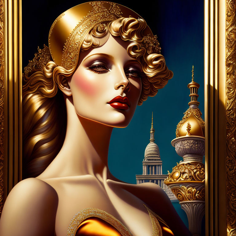 Illustrated portrait of woman in vintage makeup, golden headpiece, ornate dress, with wavy