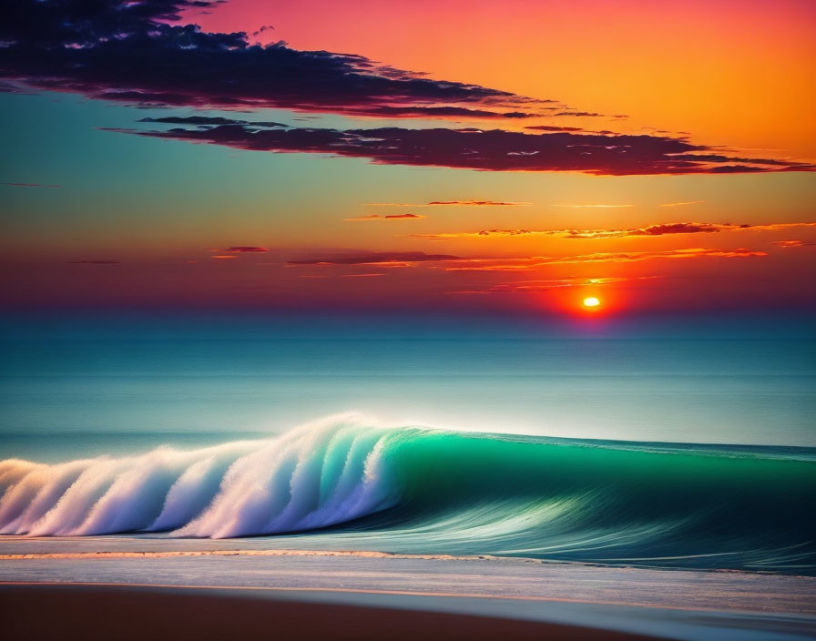 Colorful Ocean Sunset with Vibrant Sky and Approaching Wave