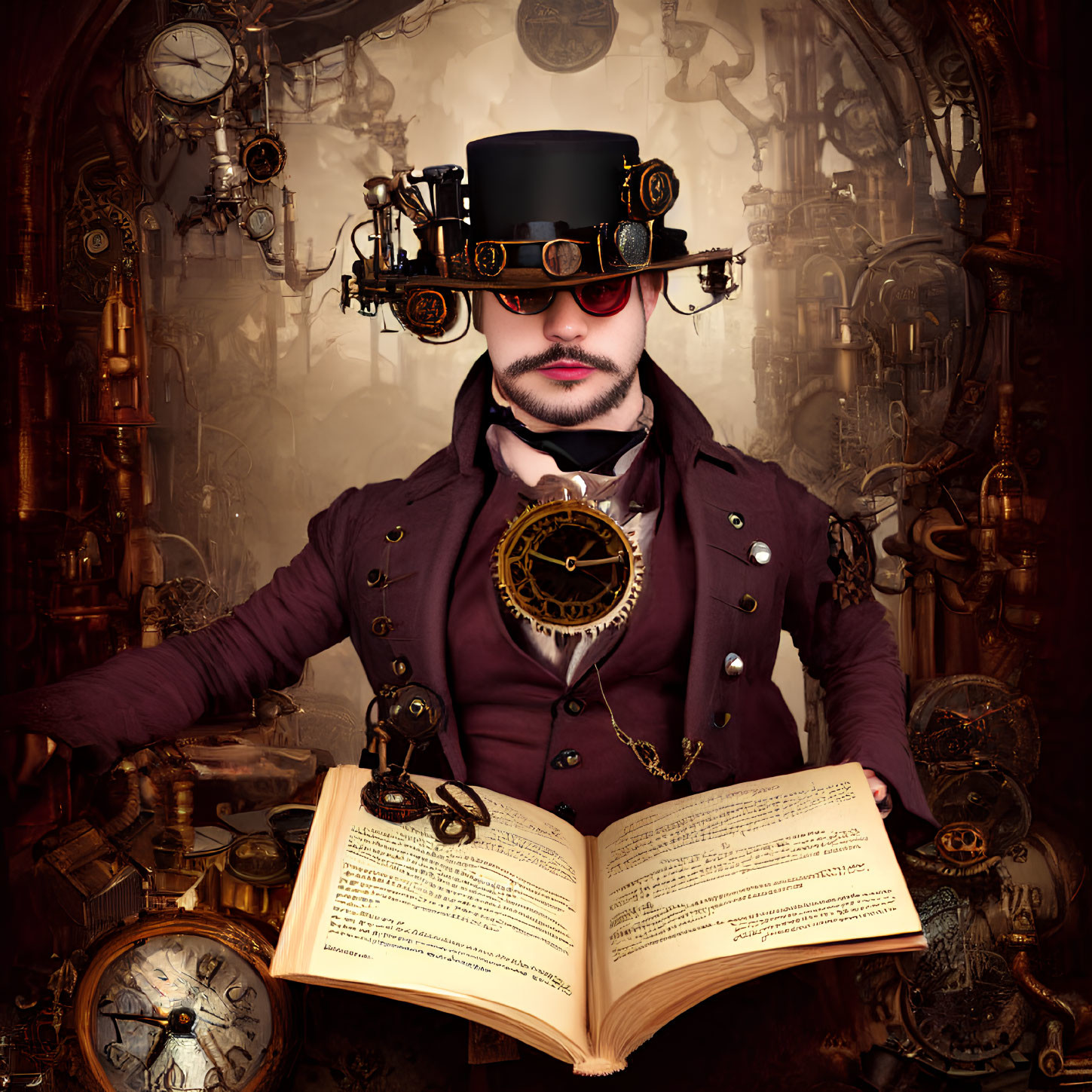 Steampunk man in top hat and goggles with open book, gears and clocks background