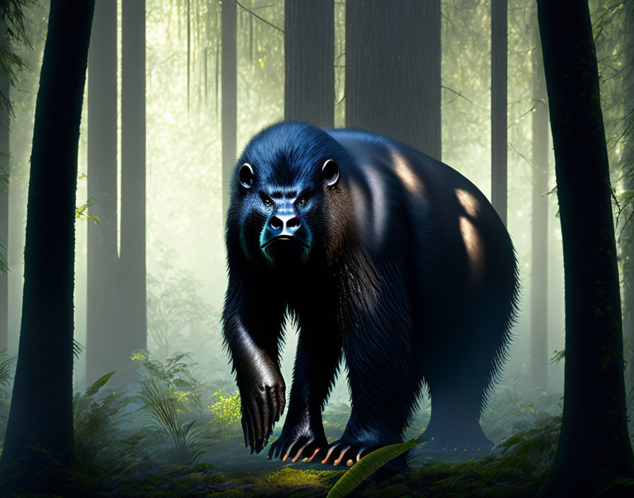 Blue Gorilla with Glowing Eyes in Sunlit Forest