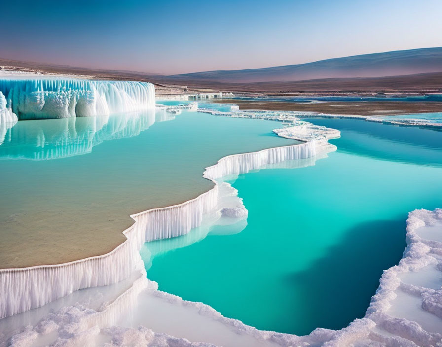 Tranquil Turquoise Lake with White Salt Formations and Gradient Sky