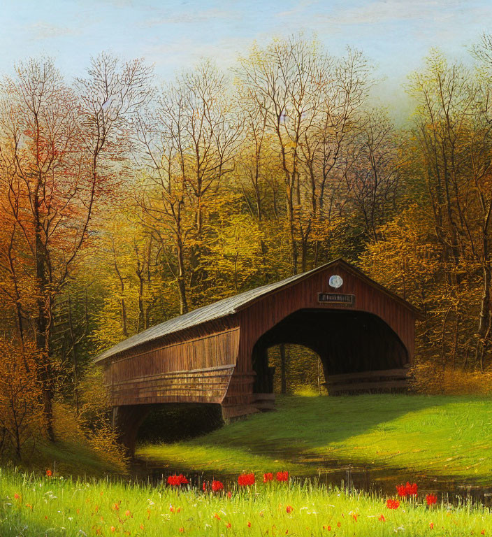 Tranquil autumn landscape with wooden covered bridge and colorful foliage