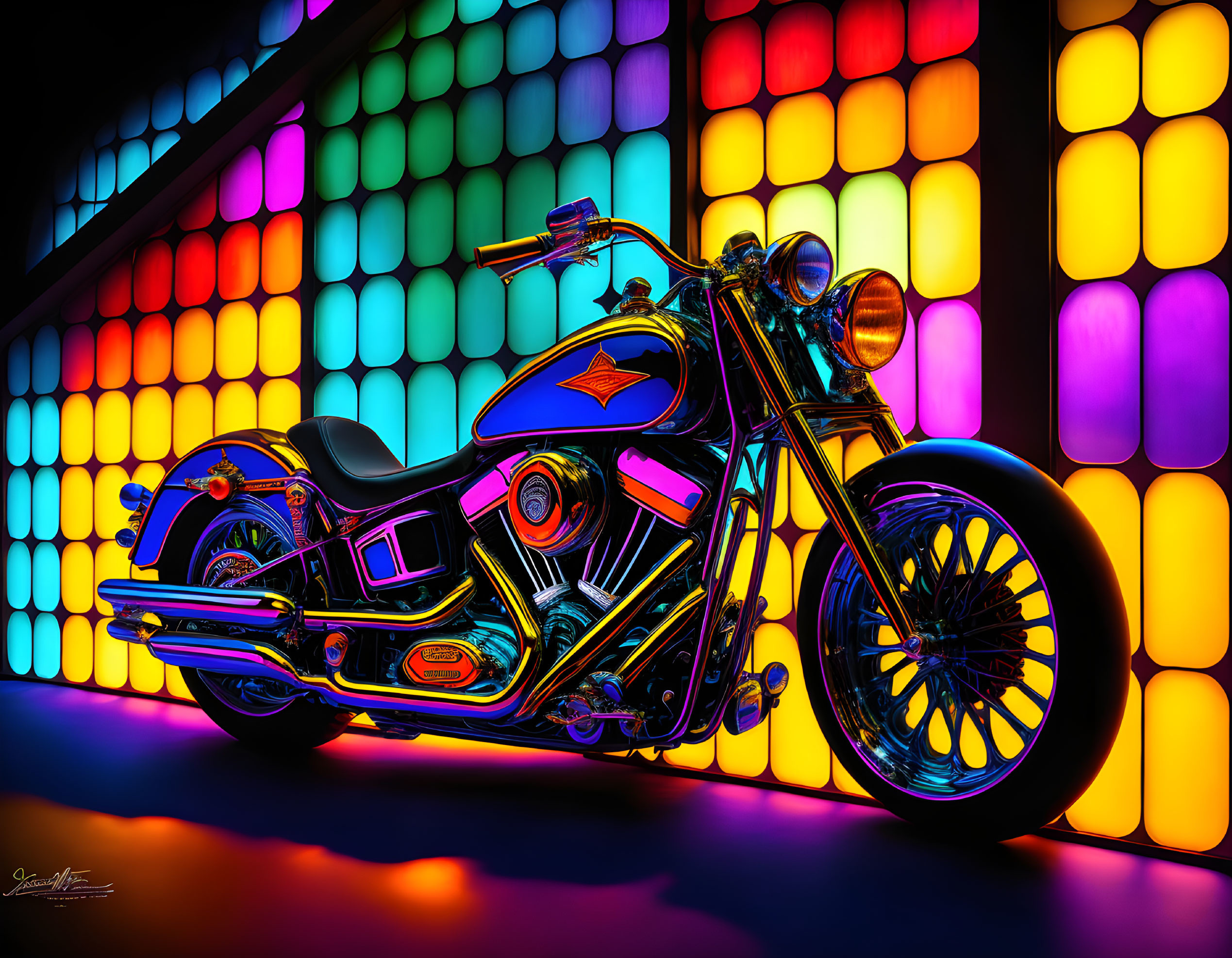 Colorful Motorcycle Against Neon-Lit Background