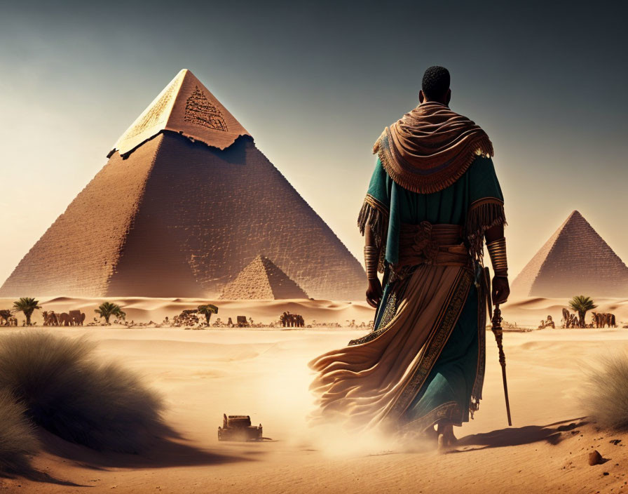 Ancient Egyptian in traditional attire near Great Pyramids