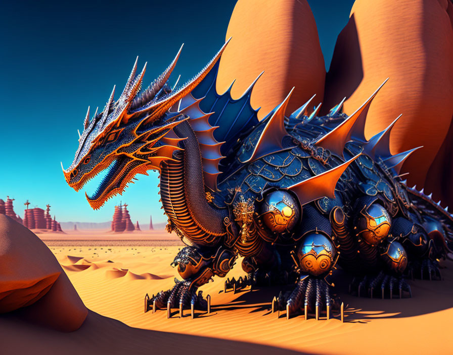 Colorful digital art: Blue and orange mechanical dragon in desert scenery