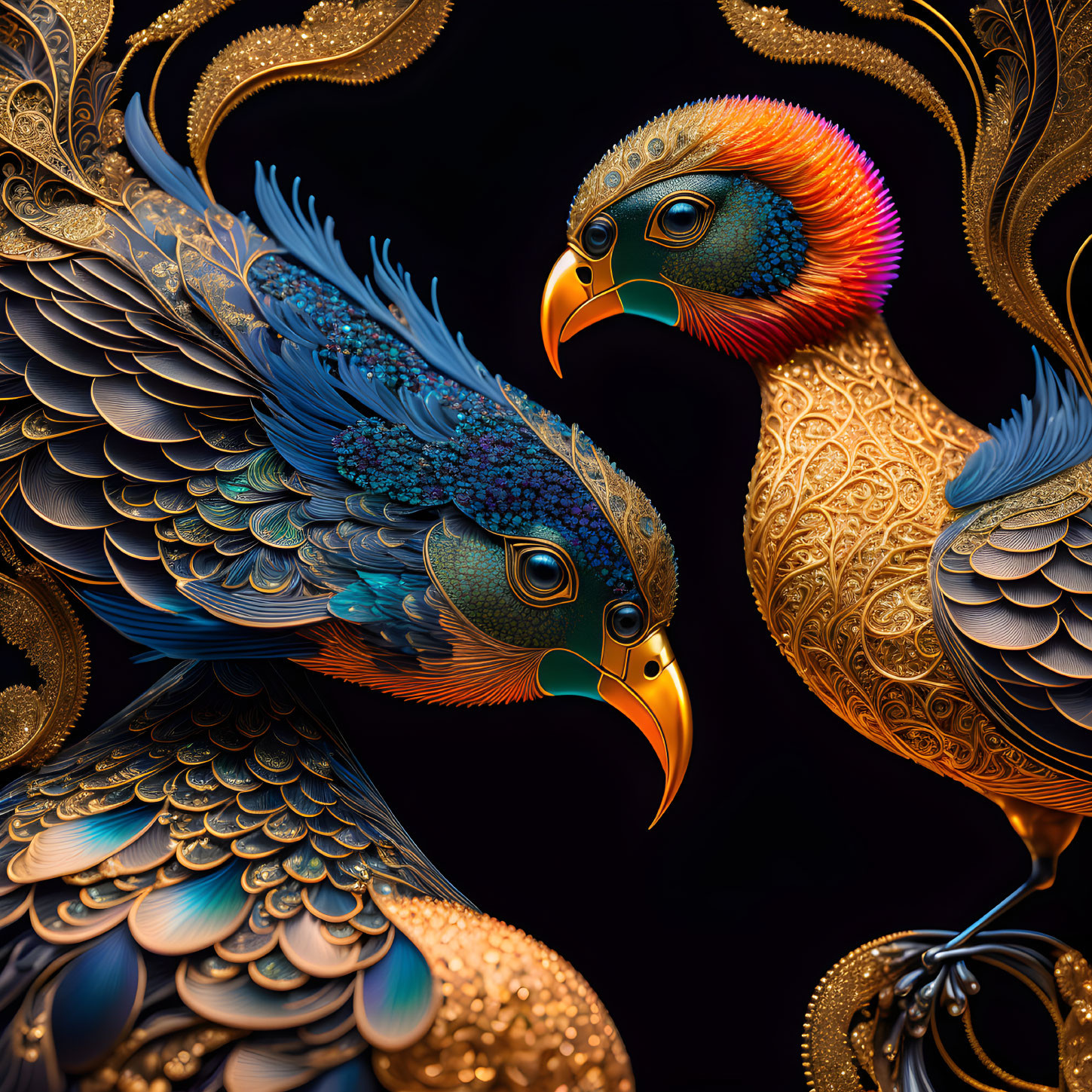 Vibrant bird illustrations with intricate designs on dark background