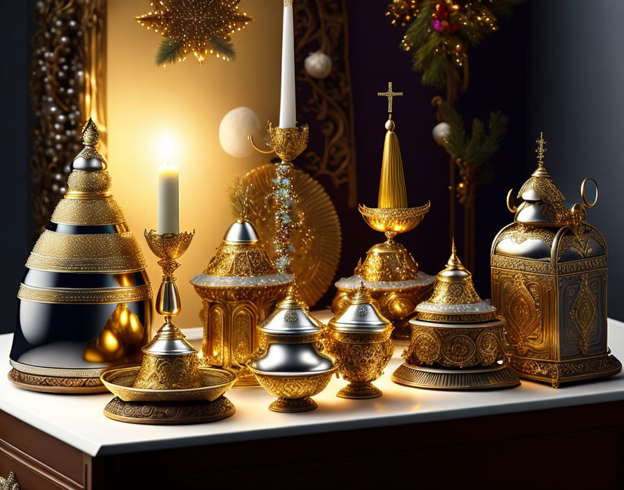 Golden Ornaments and Candle in Elegant Christmas Display