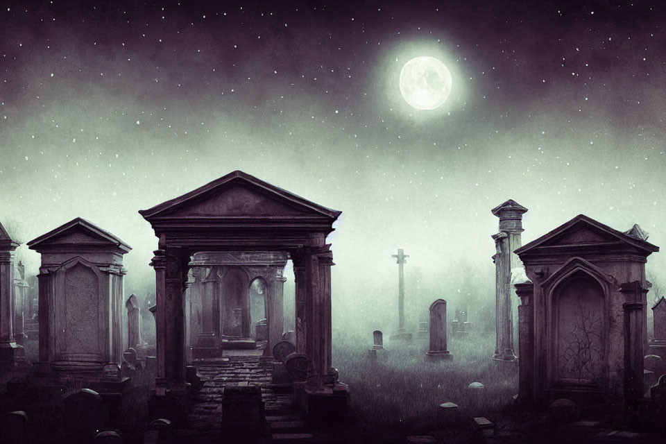 Moonlit graveyard scene with mausoleums, fog, and starry sky