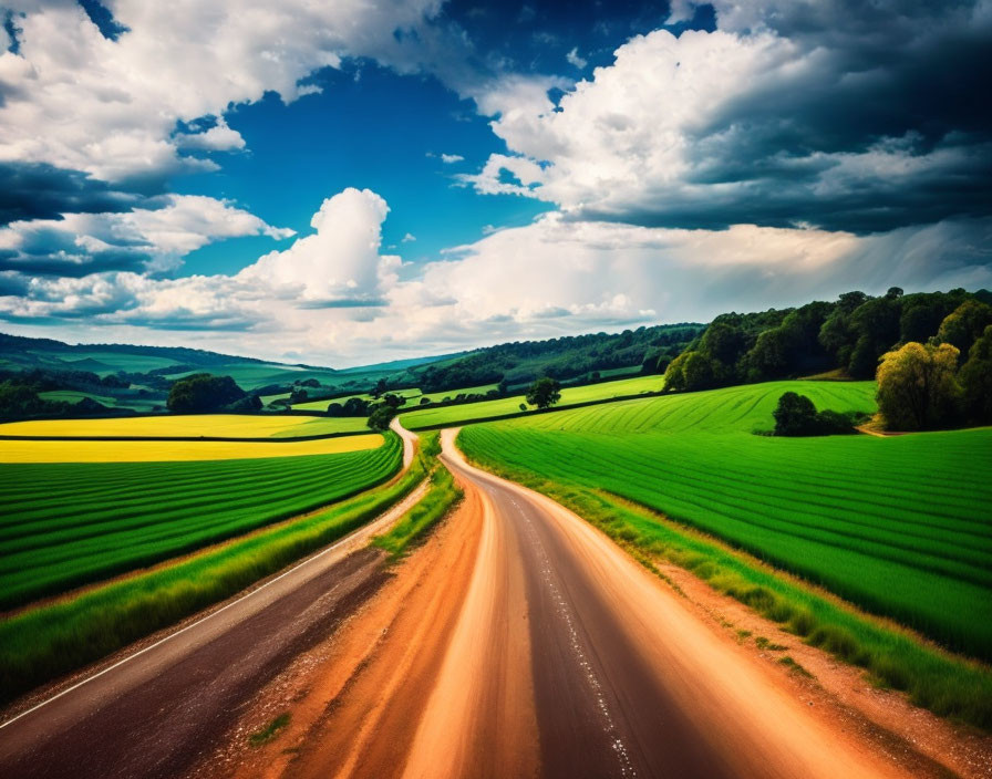 Scenic dirt road through green fields under dynamic sky