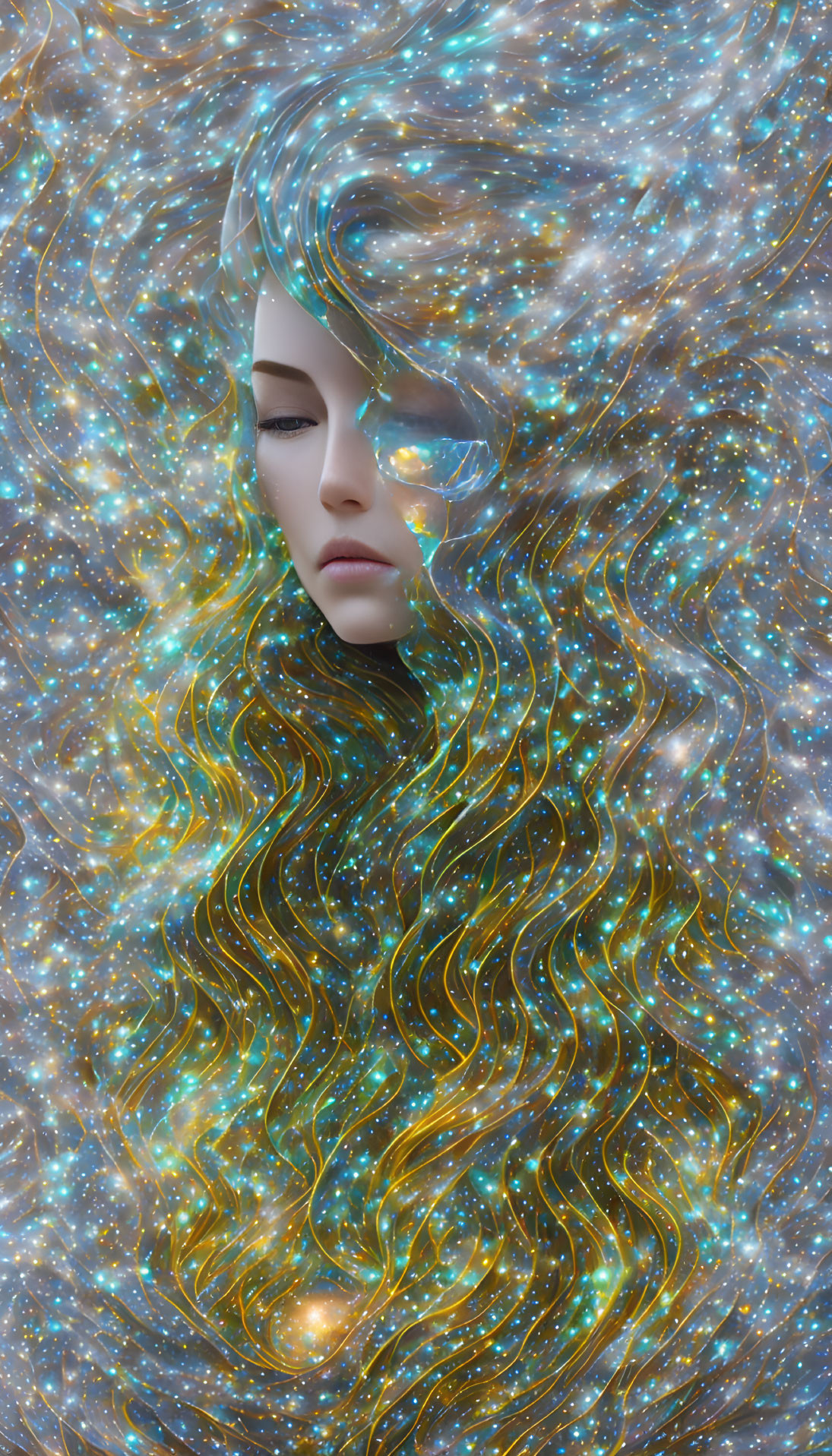 Female figure with cosmic hair in celestial background.