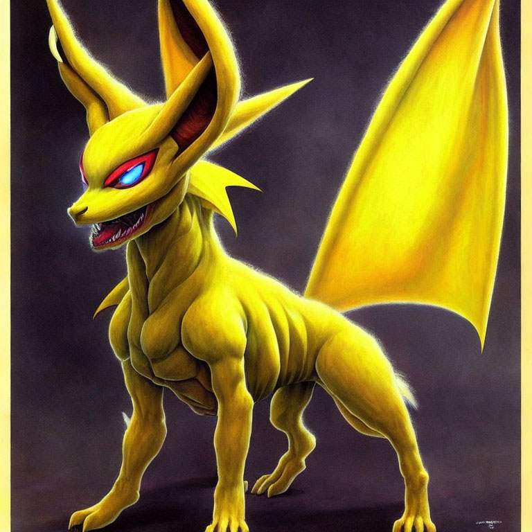 Colorful dragon-like creature with yellow scales, large ears, red eyes, and expansive wings