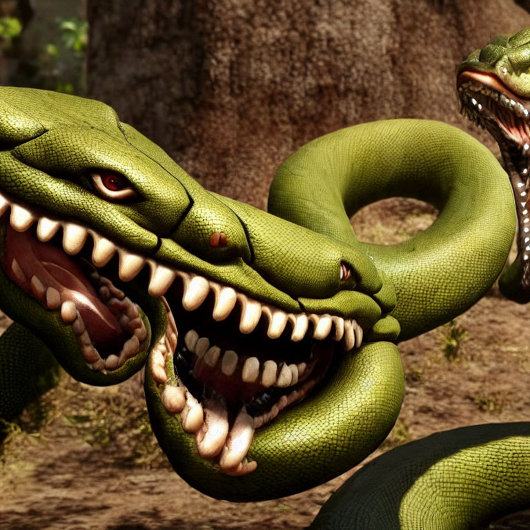 Detailed Green Serpentine Creatures Displaying Sharp Teeth