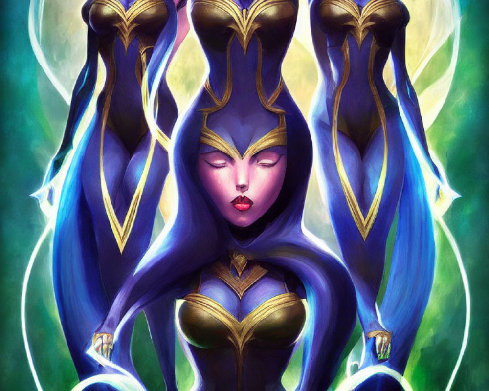 Stylized Female Figures in Blue and Gold Attire with Green Energy Background