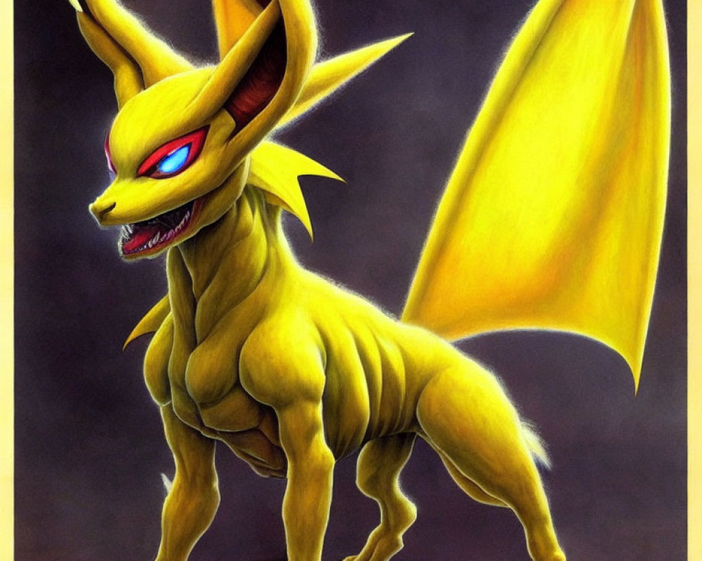 Colorful dragon-like creature with yellow scales, large ears, red eyes, and expansive wings