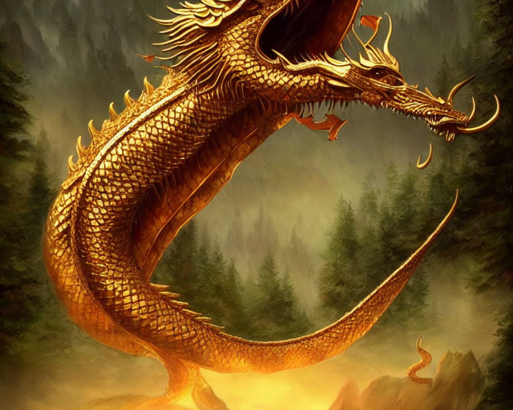 Golden dragon with serpentine body and sharp horns in forest setting