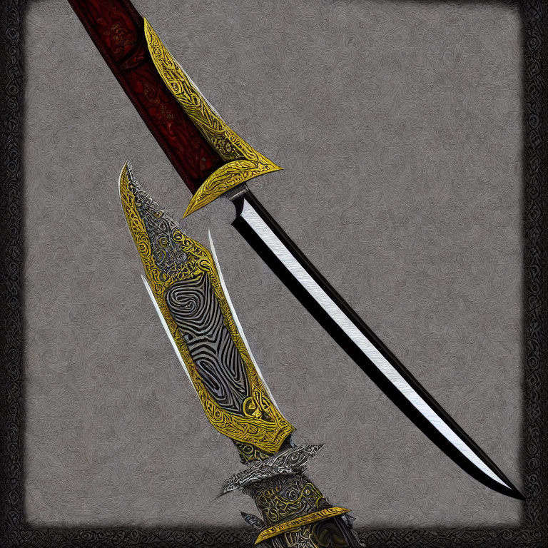 Intricately designed dagger with black and gold hilt on gray background