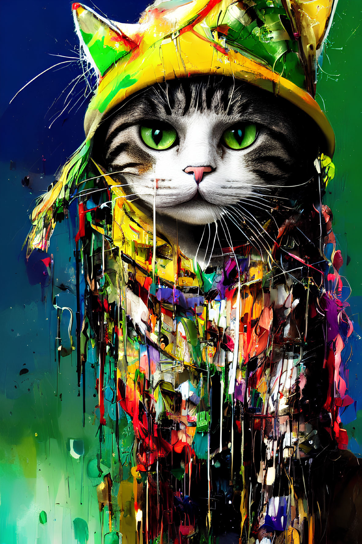 Colorful digital artwork: Cat with green eyes in yellow hat, melting paint drips.