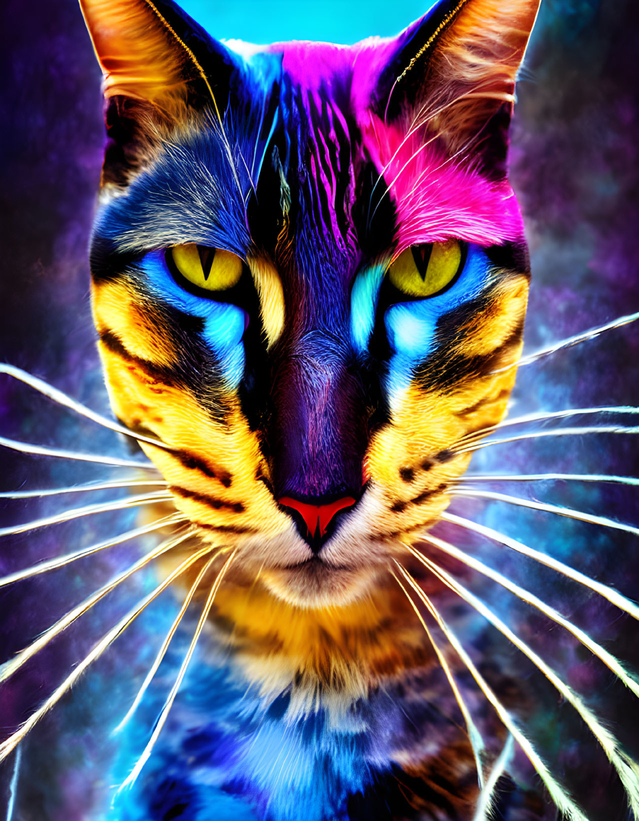 Vibrant multicolored cat with yellow eyes on blue and purple background