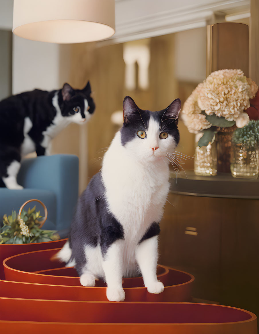 Black and White Cat with Yellow Eyes on Orange Structure, Second Cat Indoors