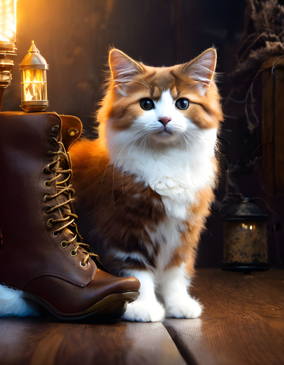 Fluffy Orange-and-White Cat Beside Vintage Boot