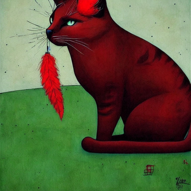 Stylized maroon cat with oversized whiskers and feather, sitting on green surface with tiny window