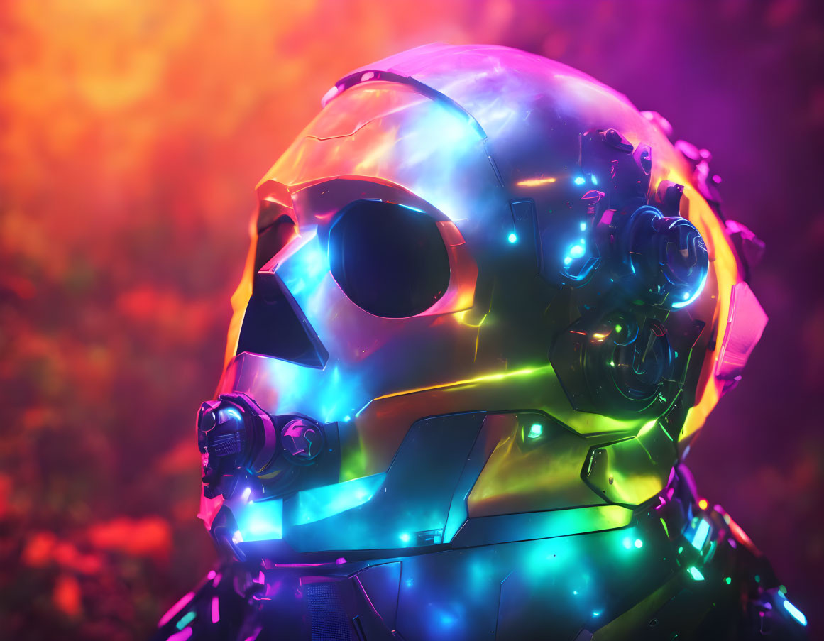 Futuristic robot head illuminated by vibrant neon lights