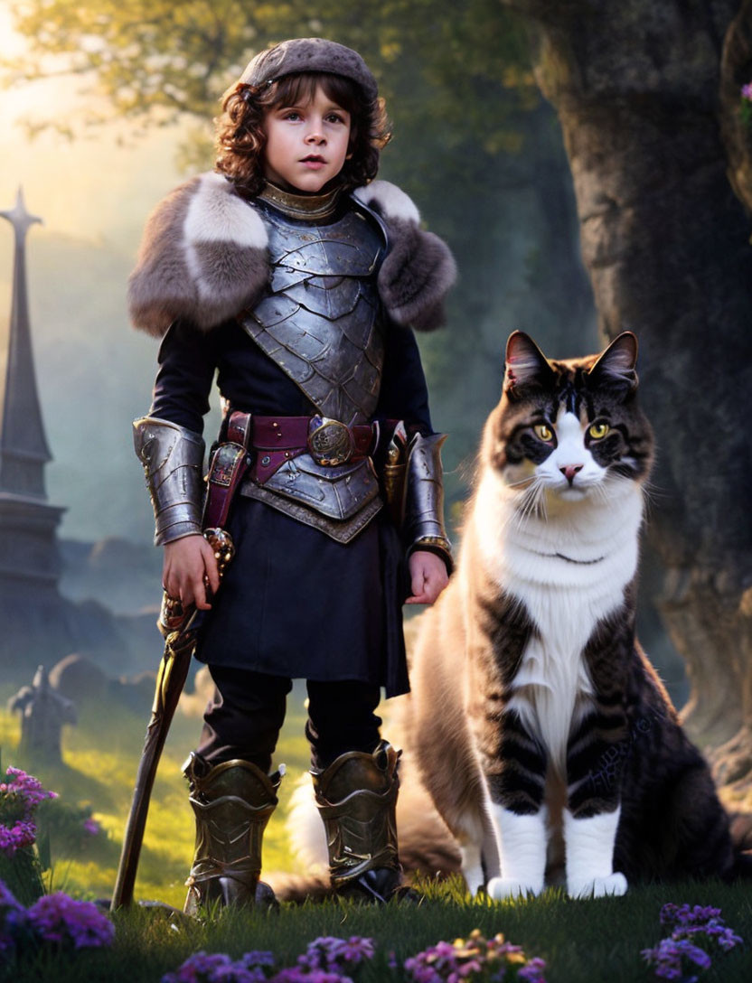 Child in medieval armor with Maine Coon cat in mystical forest.