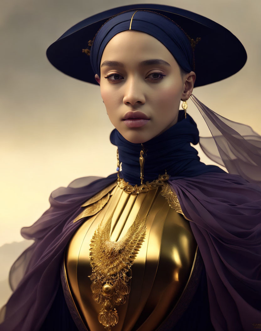 Portrait of woman in navy headscarf with golden chest piece and purple garment