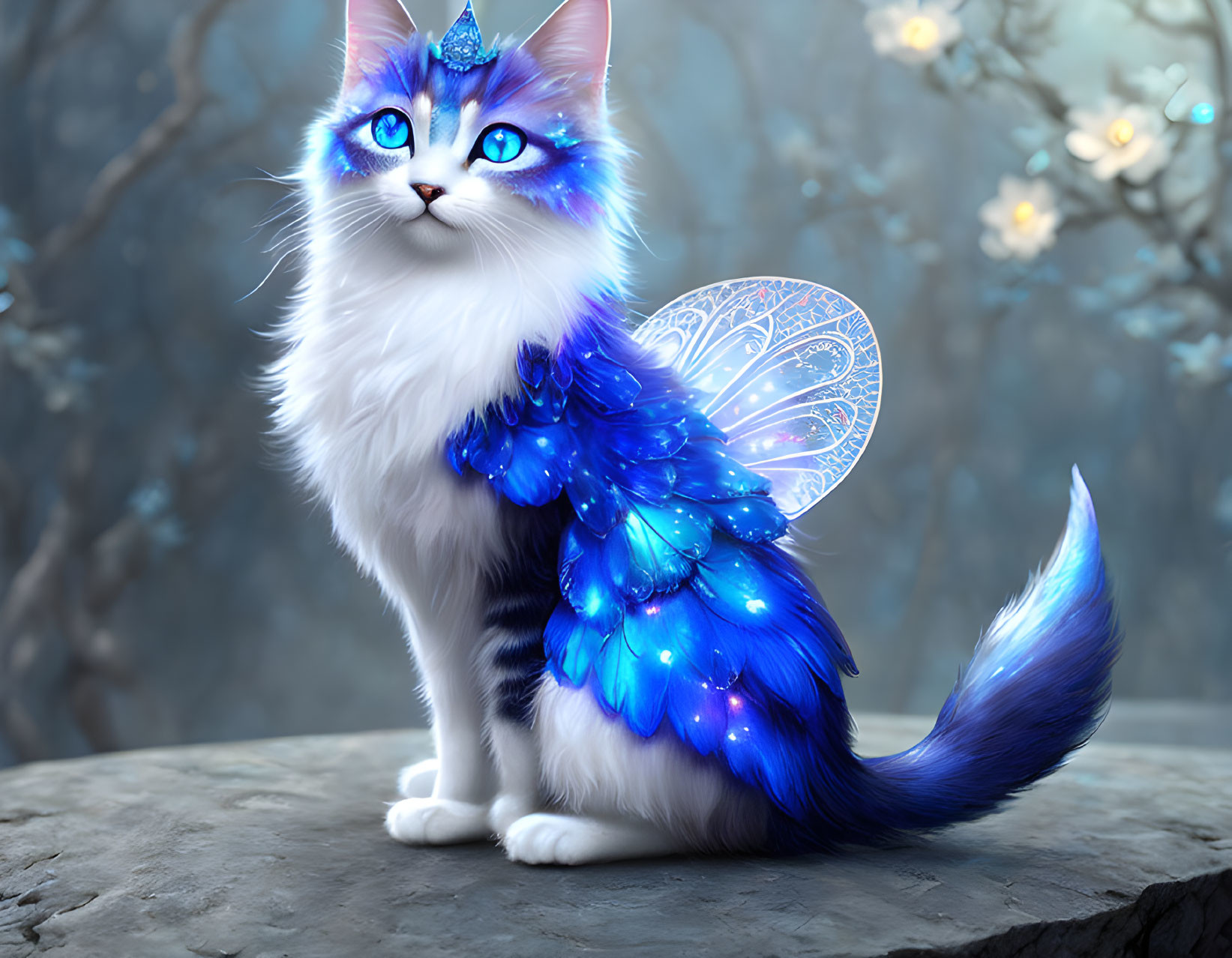 White Cat with Blue Wings and Fairy Crown in Mystical Forest