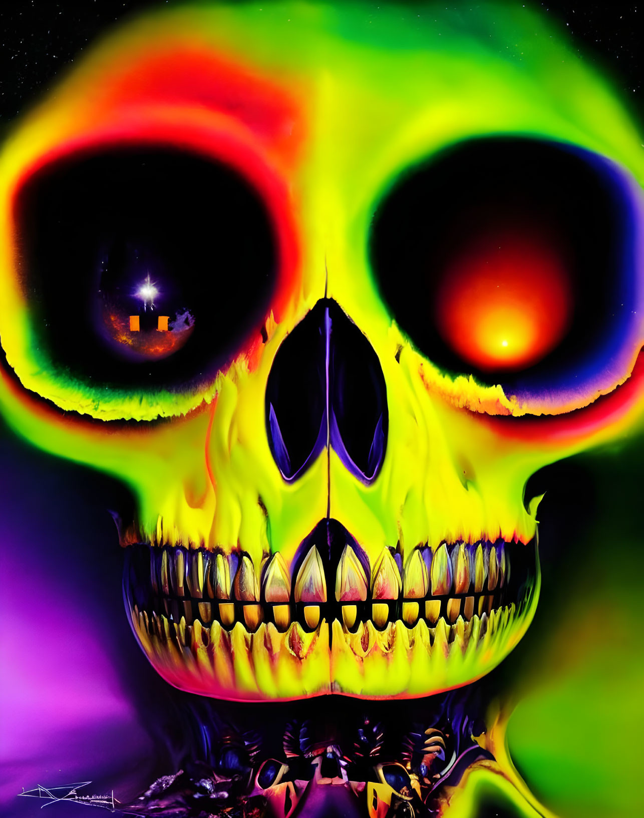 Colorful skull digital artwork on cosmic background with eye-like planet