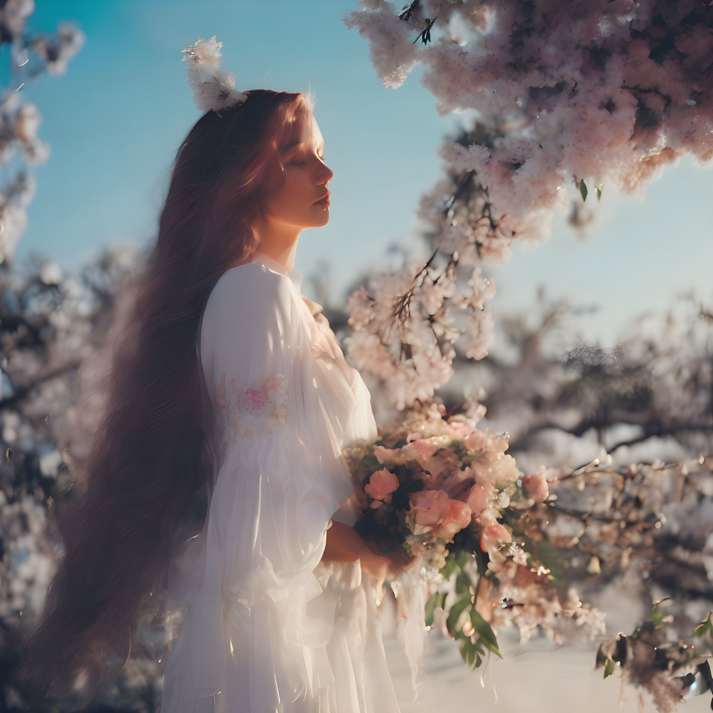 Long-haired woman in white dress with flowers in blooming tree garden.