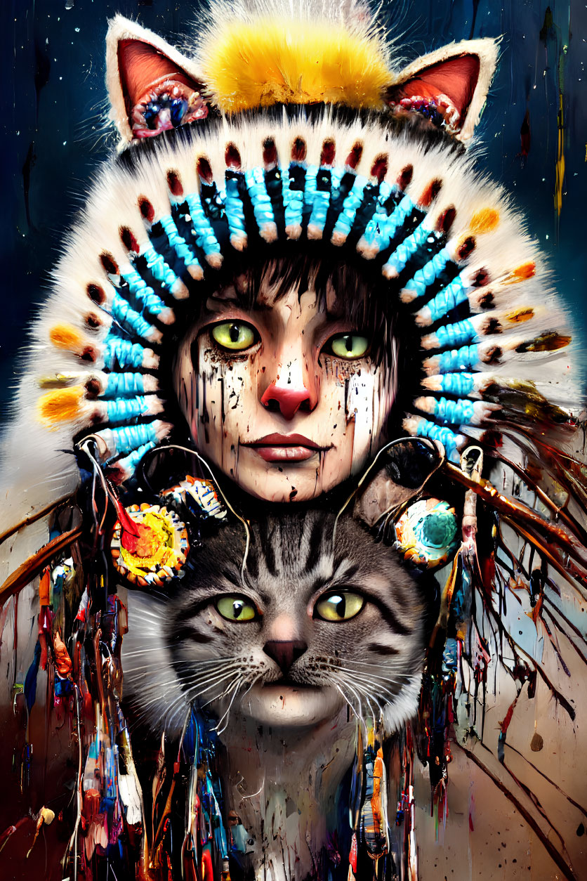 Person in Native American headdress with cat-like features next to a cat on paint backdrop