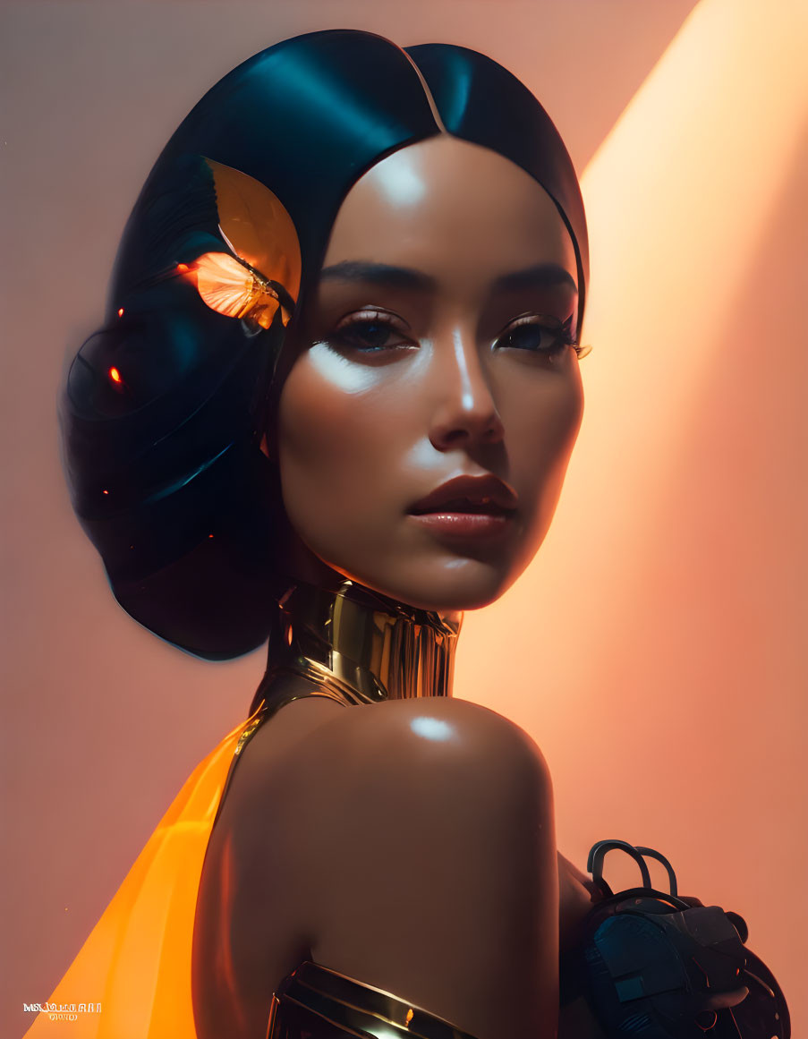 Futuristic female figure with black headgear, butterfly accessory, golden neck piece, and gloves on