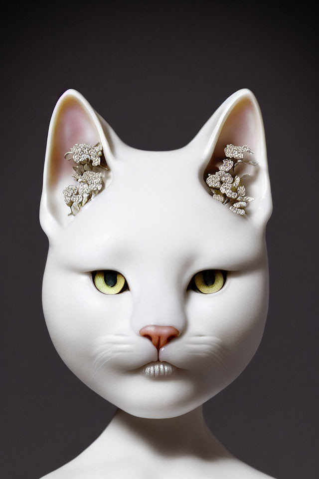 Sculpture of Human-Cat Fusion with Floral Accents