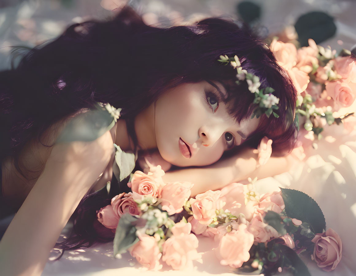 Pensive person with floral wreath among pink roses in dreamy setting