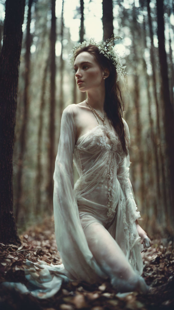 Woman in white dress with floral headpiece sitting in twilight forest