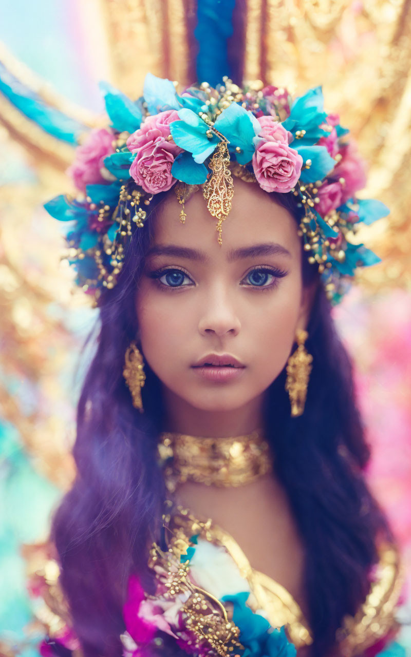 Young girl in floral crown with vibrant traditional attire