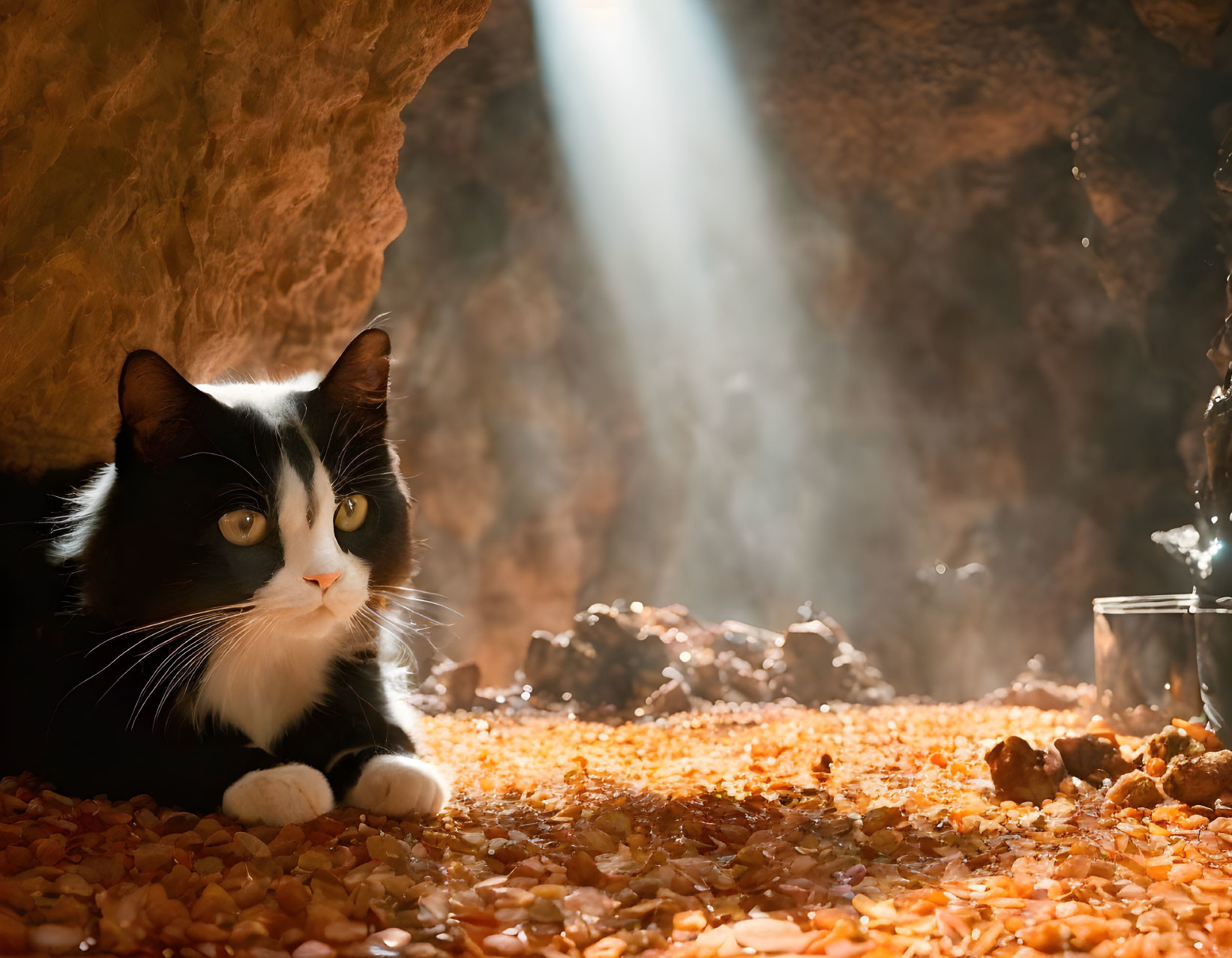 Black and white cat in cave with sunlight beam