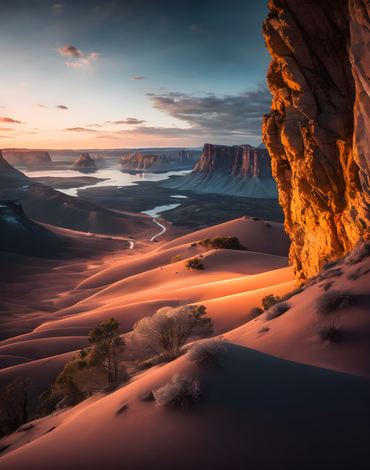 Desert Landscape with Orange Dunes and River at Sunset