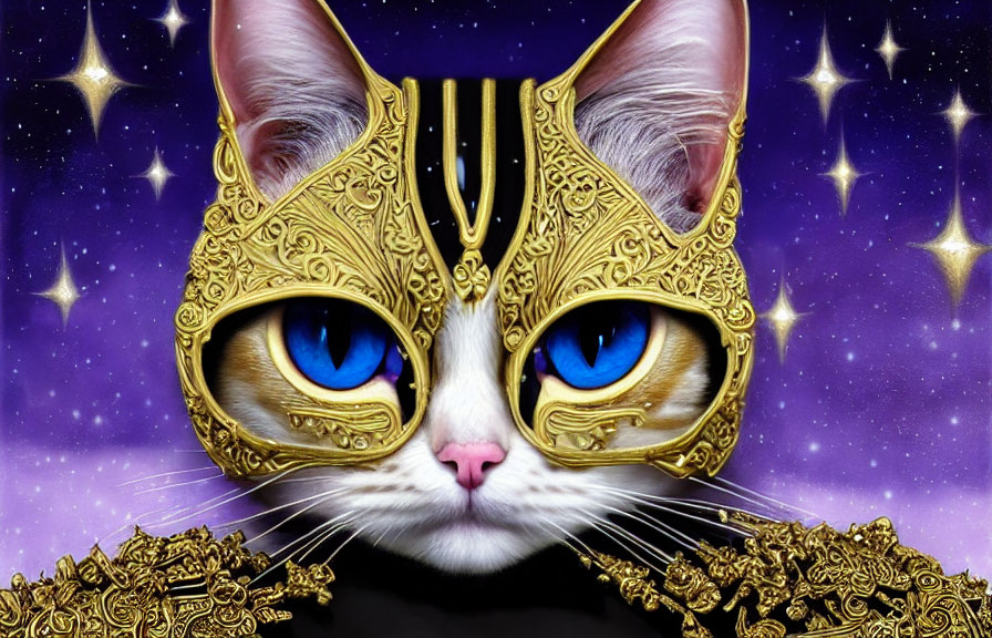 Surreal Cat with Blue Eyes and Golden Accessories