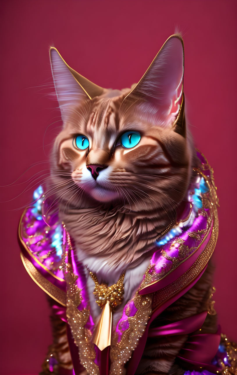 Majestic Cat with Luxurious Fur on Pink Background