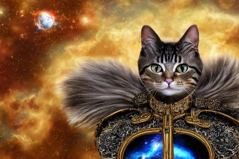 Whimsical Cat in Golden Space Suit Against Galaxies